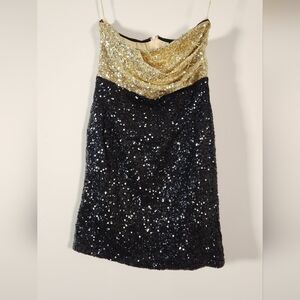 C. Luce Strapless Black and Gold Sequin Dress